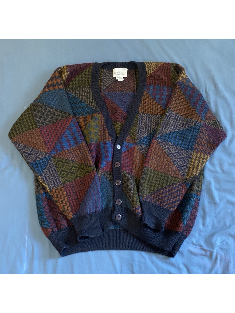 100% Alpaca Handloomed Bolivian Cardigan Sweater Geometric Mens Large Multicolor